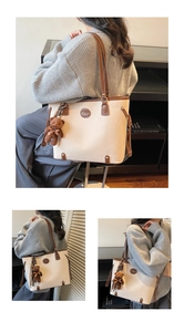 Detailed views of a vintage color-block tote bag with a plush bear charm on a shoulder strap
