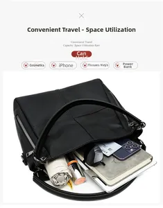 Top view showing large capacity black leather tote bag with iPad, phone, and daily essentials