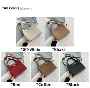 Litchi pattern bucket bags collection in cream, khaki, red, coffee, and black leather