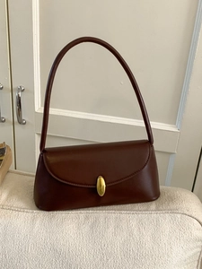 Retro coffee brown matte leather baguette underarm bag with gold oval clasp