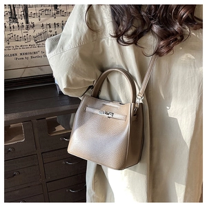 Detail of grey pebbled leather bucket bag featuring elegant metal twist lock and top handle