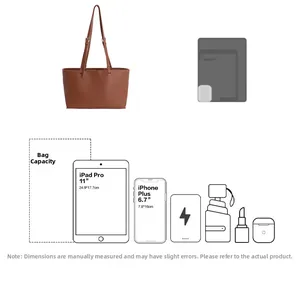 Brown tote bag capacity view showing space for 11 inch iPad Pro and essentials