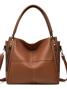 Large Capacity PU Leather Tote Bag For Women Lychee Texture Commuting Shoulder Handbag With Decorative Side Zippers