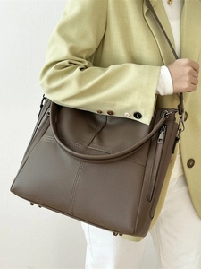 Large dark brown lychee leather tote bag with shoulder strap for women commuters