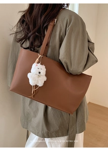 Brown large PU leather tote bag with lychee texture and cute plush puppy charm