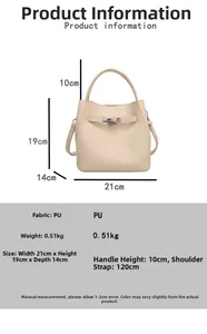 Size chart showing 21x19x14cm dimensions for the white pebbled PU bucket handbag