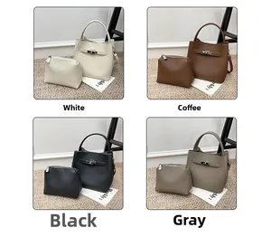 Detailed four-color view of bucket bags with textured leather and metal buckle closures