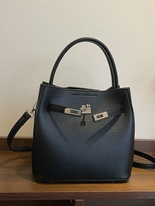 Vintage Women PU Leather Lychee Pattern Bucket Bag Solid Color Shoulder Bag With Handle And Adjustable Crossbody Strap