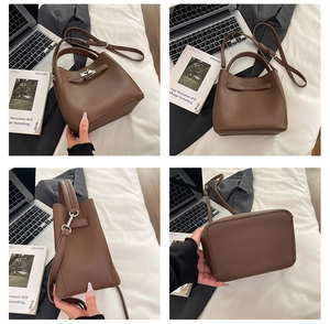 Brown lychee-grain leather bucket bag shown from front, back, side and bottom views