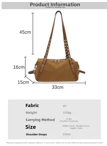 Detailansicht braune PU-Schultertasche, Maße 33x16x15cm mit Doppelreißverschluss und Gurt
