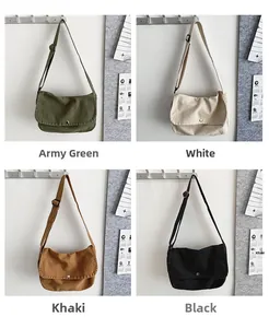 Comparison of canvas crossbody bags in army green, white, khaki, and black colors