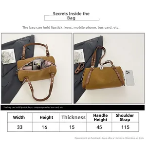 Detaillierte Größentabelle für Khaki Boston Bag mit Maßen für Breite, Höhe und Riemenlänge