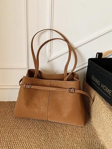 Retro brown suede tote bag for women with minimalist shoulder strap and metal buckle