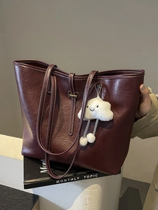 Women Large Capacity PU Leather Tote Bag With Contrast Stitching Vintage Lazy Style Shoulder Bag Cloud Pendant Commuter Underarm Handbag