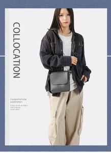 Detail of grey faux leather crossbody bag with textured flap and adjustable strap