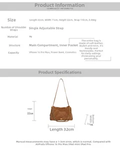 Detailed size chart showing 32x11x22cm dimensions for brown quilted chain bag