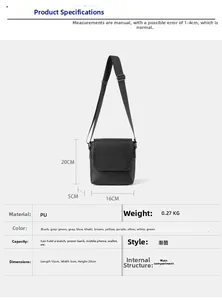 Detail of compact black PU leather crossbody bag showing dimensions 16x5x20cm and features