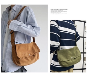 Large canvas messenger bags for women in brown and green colors shown on models