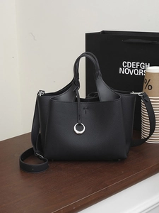 Borsa a Mano Minimalista da Donna in Pelle PU con Motivo Litchi Borsa Tote Stile Old Money Borsa a Tracolla con Anello in Metallo