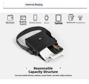 Internal layout of black crossbody bag showing storage for tablet, phone and power bank