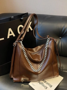 Large capacity dark brown textured leather tote bag with silver chain and heart lock