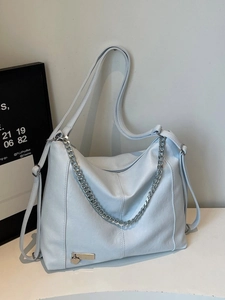 Light blue large capacity PU leather tote bag with stylish chain and heart pendant