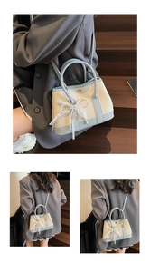 Detail of color-block garden bag with pearl lace bow and lychee texture