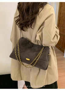 Detail of dark brown quilted tote bag with gold chain strap on a trench coat