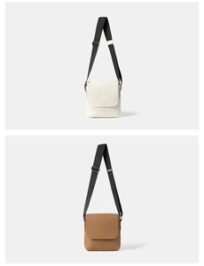 Detail view of compact square crossbody bags in beige and brown with wide straps
