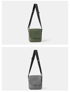 Detailed view of textured crossbody bags in dark green and grey with adjustable straps