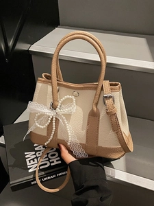 Women Lychee Pattern PU Leather Handbag With Lace Artificial Pearl Bow Elegant Contrast Color Tote Crossbody Shoulder Bag For Daily