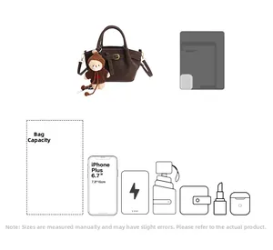 Detail view of brown tote bag capacity showing tablet, phone, and plush charm
