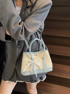 Canvas garden tote bag with lace bow and pearl chain in blue and cream patchwork
