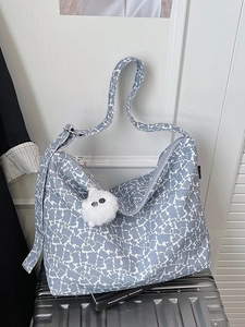 Women Fashion Canvas Shoulder Bag Large Capacity Abstract Print Crossbody Bag With Plush Charm Casual Tote Handbag Travel