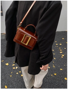 Brown vintage handbag with a large gold buckle on a fallen ginkgo leaf background