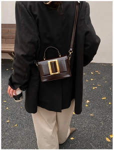 Detail view of chocolate patent leather bag with a large gold buckle in outdoor setting