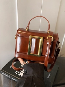 Minimalist Women's PU Leather Square Handbag With Large Gold Buckle Retro Top Handle Crossbody Bag For Daily Commuting