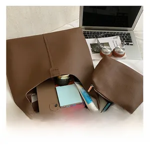 Braunes Leder-Tote-Set mit großem Innenraum für Laptop und tägliche Notwendigkeiten