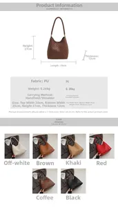 Detailed size guide and color options for the woven texture large capacity bucket bag