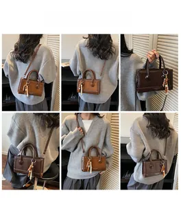 Collage of dark brown crossbody bag worn by models showing different styling angles