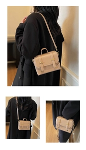 Three-way view of apricot leather crossbody bag showing handle and golden buckle details