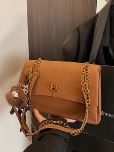 Retro frosted messenger bag in brown with gold chain strap and leopard print charm