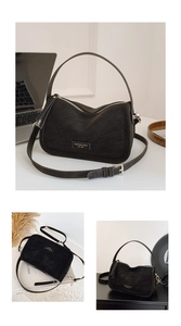 Three-way view of black matte shoulder bag featuring silver hardware and MUCOOU logo