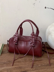 Vintage PU Leather Boston Shoulder Bag For Women Retro Woven Handle Tassel Large Capacity Commuter Handbag Tote Purse