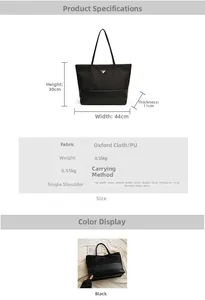 Detail view showing large oxford tote bag dimensions and black fabric texture