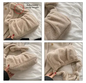 Détails du sac à bandoulière beige en fausse fourrure avec grand nœud réglable à l'épaule