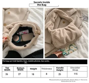 Tableau détaillé des tailles pour sac en peluche incluant dimensions et capacité