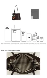 Detail view of large brown tote bag interior with striped lining and 11-inch iPad storage