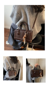Three ways to wear the dark brown rectangular handbag with a colorful bead charm