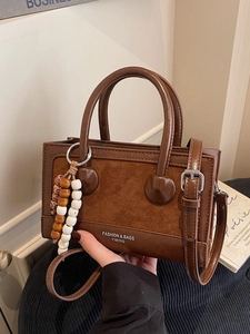 Sac à Main Rétro en Cuir PU pour Femmes Carré Mode Couture Bandoulière Avec Pendentif en Perles Sac de Bureau Navetteur